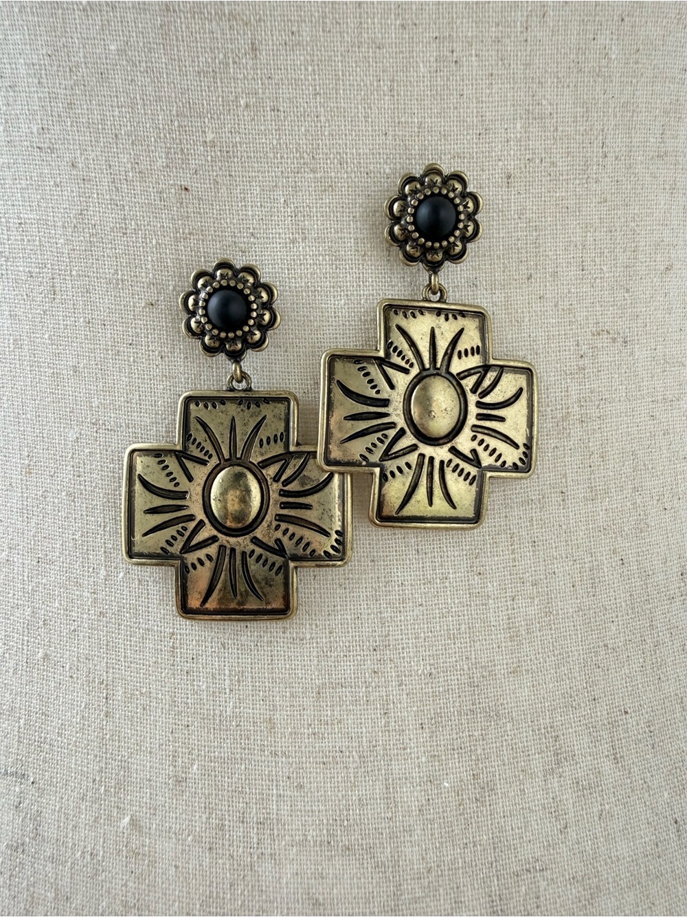 Free People Antique Gold Cross Sun Earrings with Black Accents NWOT